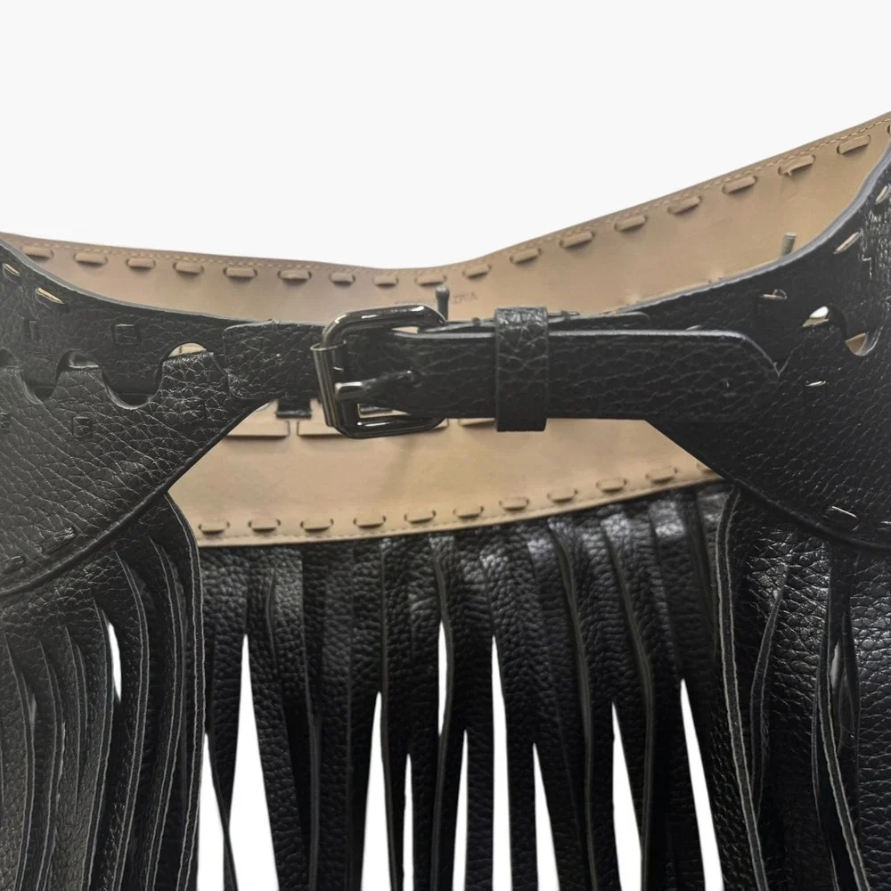 BCBGMAXAZRIA Black Pebbled Faux Leather Fringe Waist Belt Small Boho Corset